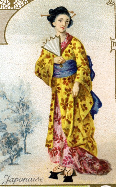 Mujer japonesa. Serie de 25 cromos publicitarios para la fábrica de galletas Pernot de Dijon, creada en 1869. Detalle de los personajes en traje tradicional de French School