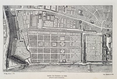 Jardín de las Tullerías en 1652 (según el plan de Gomboust) - en “París a través de los siglos”, por H. Gourdon de Genouillac, ed. F. Roy, París de French School