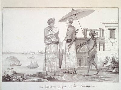 Habitantes de la Isla de Java en camino a Surabaya, Ilustración del Viaje alrededor del mundo por Louis Isidore Duperrey, por L F Lejeune de French School