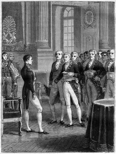 Discurso de Jean-Pierre-Louis de Fontanes con el Primer Cónsul Napoleón Bonaparte con motivo de la finalización del Código Civil, París de French School