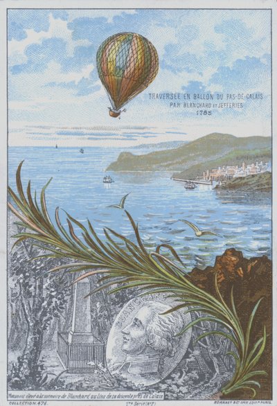 Jean-Pierre Blanchard y John Jeffries realizando el primer vuelo en globo a través del Canal de la Mancha, 7 de enero de 1785 de French School