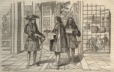 Jean Baptiste Colbert (1619-1683) en una reunión con el Rey Luis XIV y François Louvois (1641-1691) en Versalles - grabado después de Leclerc de French School