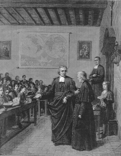 Jean Baptiste De La Salle (Jean-Baptiste) 1651-1719 religioso francés, fundador de la congregación de los hermanos de las Escuelas Cristianas, mostrando una de sus escuelas a M de La Chetardie. Grabado de finales del siglo XIX de French School