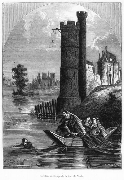 Jean Buridan escapando de la Torre de Nesle, segunda mitad del siglo XIX de French School