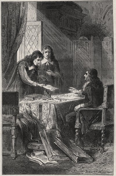 Jean Chapelain (1595-1674) poeta y crítico literario francés y Pierre Costar (1603-1660) entregaron a Jean Baptiste Colbert (1619-1683) una lista de escritores que merecen ser pensionados por el rey - grabado en “Les Hommes Célèbres de la France” por Louis de French School
