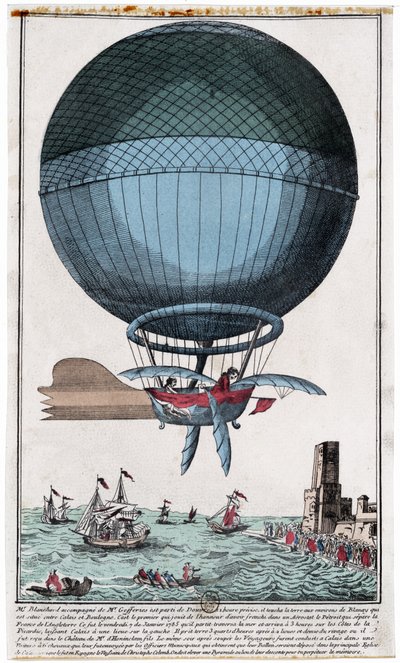Jean Pierre Blanchard (1753 - 1809) y John Jefferies (1745 - 1819) llegando a Calais después de cruzar el Canal de la Mancha en un globo aerostático el 7 de enero de French School
