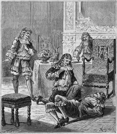 Jean de SANTEUL (1630-1697) envenenado con un vaso de vino en el que se había puesto tabaco de España - Grabado en “Ciencias al alcance de todos - física y química” por Alexis Clerc - Finales del siglo XIX - Colección privada de French School