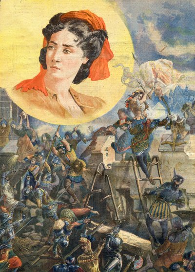 Jeanne Laisne (1456-?), conocida como Jeanne Fourquet, apodada Jeanne Hachette Heroína francesa - Jeanne Hachette en el sitio de Beauvais 1472 - Ilustración para Le Petit Journal, 8 de enero de 1894 de French School