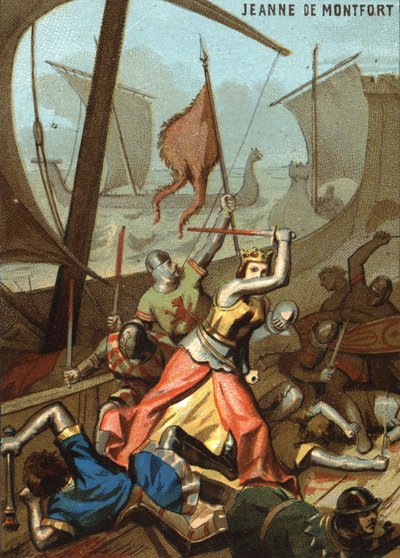 Jeanne de Montfort y La Bretagne (1342): Jeanne de Montfort apoyó una batalla naval cerca de Guernsey. Cromolitografía de la serie "Educación patriótica a través de la imagen" de French School