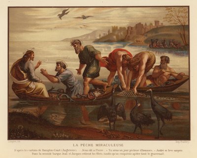 Jesucristo y la corriente milagrosa de los peces (chromolitho) de French School
