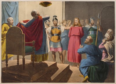 Jesucristo ante Caifás, ilustración de un catecismo L