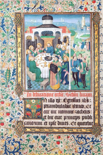 Jesús comiendo en la casa del recaudador de impuestos, Zaqueo y la entrada en Jerusalén, miniaturas del Evangelio de Lucas de French School