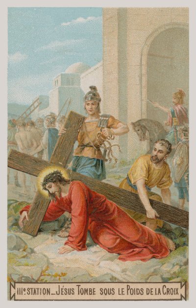 Jesús cae por primera vez bajo el peso de la cruz. La tercera estación de la cruz de French School