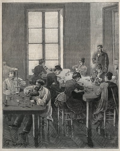 Taller de joyería en París en el siglo XIX. Grabado de 1885 en “Les arts et métiers illustrés” por Adolphe BITARD. de French School