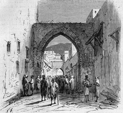 Población judía de Tetuán en Marruecos: vista de la puerta del barrio judío de French School