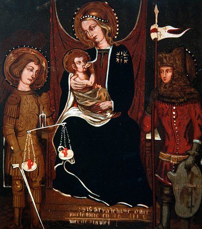 Juana de Arco y San Miguel a los pies de la Virgen de French School