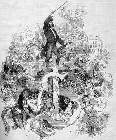 Johann Strauss el joven (1825-1899), con el violín, durante un baile de máscaras en la Ópera de París de French School