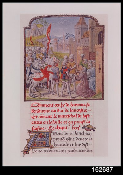 Juan de Gante siendo recibido por los ciudadanos de Bayona en las puertas de la ciudad, de la Crónica de Froissart, finales del siglo XV de French School