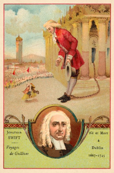 Jonathan Swift, autor irlandés, y una escena de su novela Los viajes de Gulliver de French School
