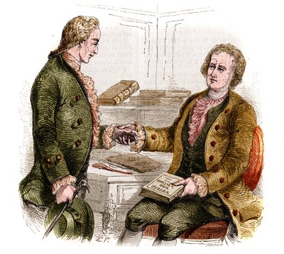 Joseph de Maistre (1753-1821), político, escritor y filósofo francés, y el Conde Xavier de Maistre (1763-1852), oficial y escritor francés con la primera copia de "Viaje alrededor de mi habitación". Dibujo de bosque. Grabado de 1852 de French School