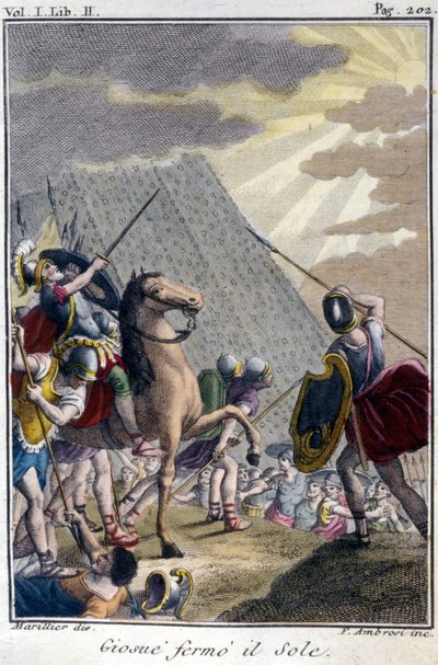 Josué detiene la carrera del Sol, grabado después de una edición francesa de La Biblia presentada por De Sacy. París de French School