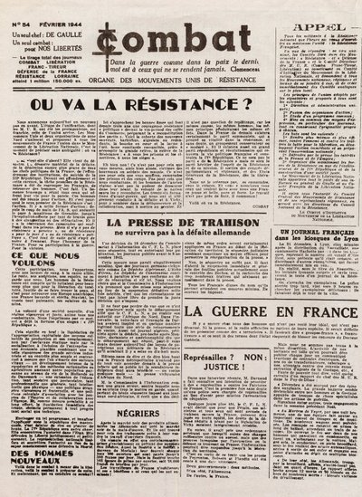 Journal COMBAT - número 54 - febrero de 1944 - órgano de los movimientos de resistencia unida. (periódico clandestino) - ¿Hacia dónde irá la resistencia? de French School