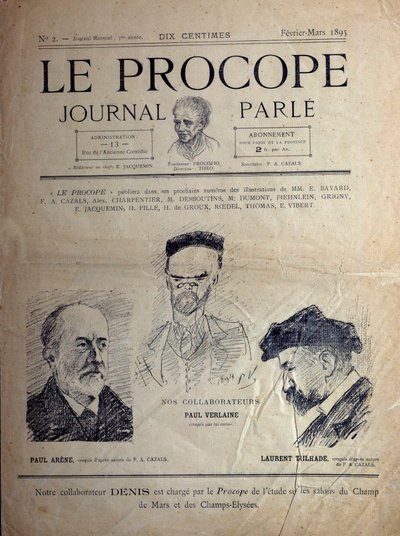 Journal du Procope, café parisino, febrero de 1895: retratos de los poetas franceses Paul Verlaine, Paul Arène y Laurent Tailhade. de French School