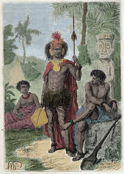 Viaje del Capitán James Cook (1728-1779): indígenas de las Islas Marquesas - ilustración tomada de "Los grandes marineros del siglo XVIII" de French School