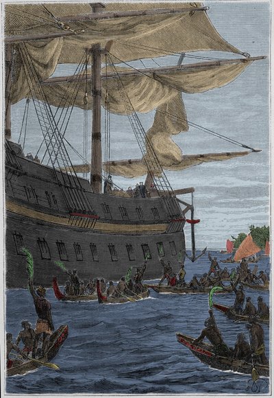 Viaje de Samuel Wallis (1728-1795) a Polinesia: indígenas sosteniendo ramas de plátano en la mano como saludo de bienvenida - ilustración tomada de 