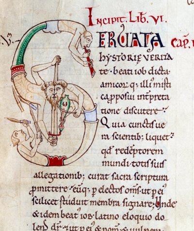 Malabaristas y músicos - letrina S (inicial). Miniatura del manuscrito "Moralia en Job", Morales sur Job de San Gregorio, de la abadía de Citeaux. de French School
