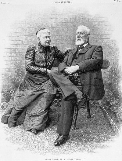 Jules Verne y su esposa - grabado de French School