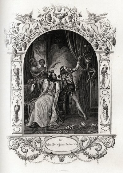 Julio III (Julio o Iulius o Giulio) (papa de 1550 a 1555) y el joven Bertuccino, el espectáculo del mono. Grabado para ilustrar Histoire des popes por Maurice Lachatre (1814-1900), librería del progreso, París de French School