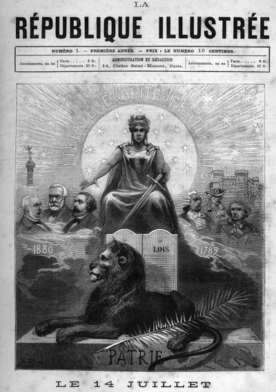 14 de julio: Alegoría de la República Francesa. Una mujer coronada con laureles y sosteniendo una espada. A sus pies, un león, una palma y la tabla de las leyes. Encima, el lema de la República “Libertad, Igualdad, Fraternidad”. A los lados, intelectual y  de French School