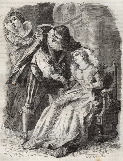 Saltando como un furioso, agarrando al duque por su abrigo... Reina de Francia Ana de Austria (1601-1666) y el Duque de Buckingham (George Villiers) de French School