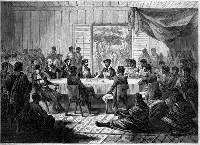 Reunión de oficiales franceses y jefes malgaches representando a la Reina Ranavalo Manjaka I (Ranavalona). Madagascar de French School