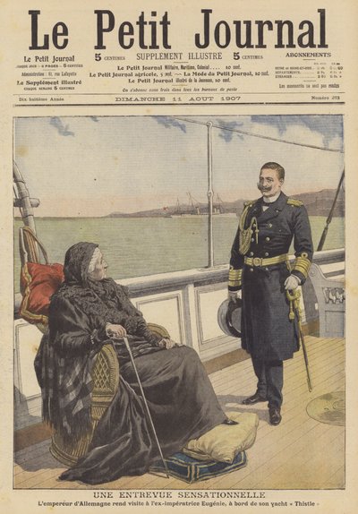 El Kaiser Guillermo II de Alemania visitando a la ex-Emperatriz Eugenia, viuda de Napoleón III de Francia, en su yate Thistle de French School