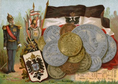Kaiser Wilhelm I junto a la bandera del Reino de Prusia y una exhibición de marcos alemanes, c.1890 de French School