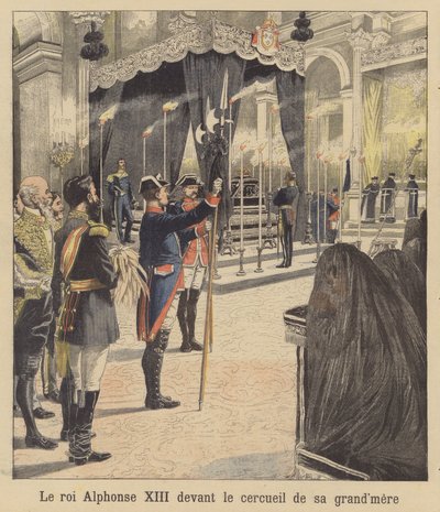 El rey Alfonso XIII de España ante el féretro de su abuela, la reina Isabel II (litografía en color) de French School