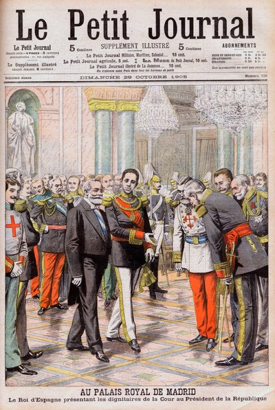 El Rey Alfonso XIII de España presentando su corte al Presidente Emile Loubet de Francia en el Palacio Real de Madrid. En el Palacio Real de Madrid. El Rey de España Alfonso XIII presentando a los dignatarios de la Corte al Presidente de la República Loube de French School