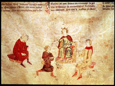 El rey Arturo en su trono rodeado de sus consejeros, del Roman de Meliadus de French School