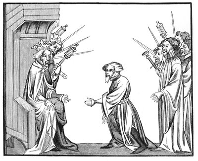 El rey Carlomagno (742-814) recibiendo el juramento de fidelidad y homenaje de uno de sus feudatarios o altos barones, de una miniatura en camafeo de las Crónicas de San Denis de French School