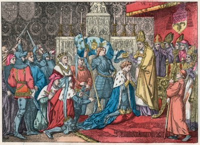 El rey Carlos VII (1403-1461) recibe la corona en la Catedral de Reims el 17/07/1429 en presencia de Juana de Arco (1412-1431) - Juana de Arco participa en la ceremonia de coronación de Carlos VII en Reims el 17 de julio de 1429 - Grabado de finales del si de French School