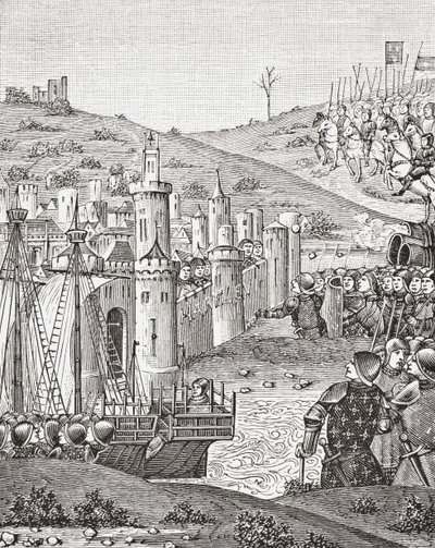 El rey Carlos VII, al abandonar Ruán, se dispone a sitiar la ciudad de Harfleur, según una miniatura del manuscrito del siglo XV Chroniques de Monstrelet, de Science and Literature in The Middle Ages de Paul Lacroix pub. Londres 1878 de French School