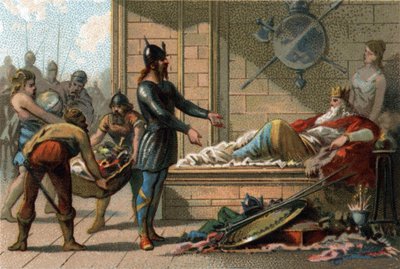Rey Clodoveo III llamado El Holgazán, rey de Francia de 691 a 695. Cromolitografía alrededor de 1890. de French School