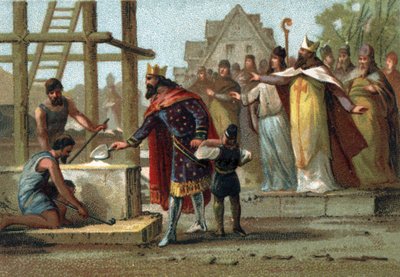 El rey Dagoberto I (600-639) supervisando la construcción de la Catedral de Saint Denis. de French School