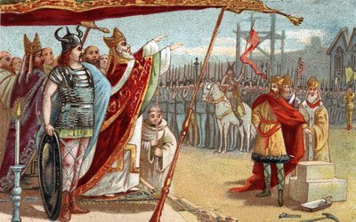 El rey Dagoberto I (605-639), rey merovingio de los francos, 629 a 634 coloca la primera piedra de la Basílica de Saint Denis en presencia de San Eloy. Cromolitografía de finales del siglo XIX. de French School