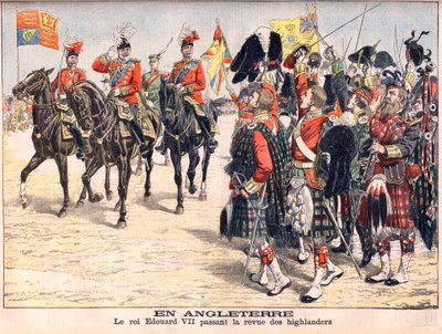 El rey Eduardo VII revisando las tropas de Highland. En Inglaterra. El rey Eduardo VII (1841-1910) pasando revista a los highlanders. Ilustración para Le petit Journal, 8 de octubre de 1905 de French School