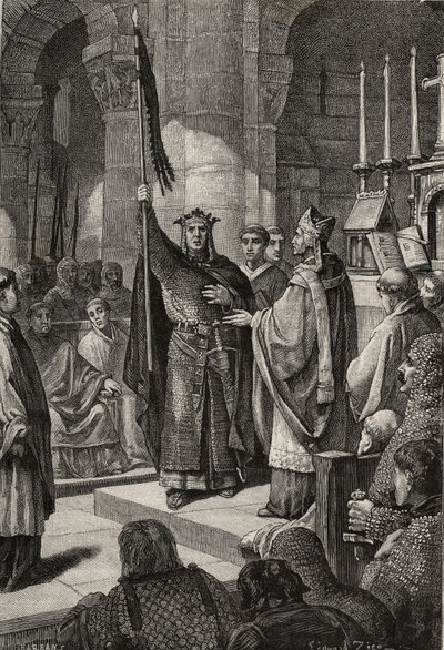 El rey Luis VII (1120-1180) toma el oriflama en la Basílica de Saint Denis en presencia de la reina Alienor de Aquitania y recibe el zumbido y la panetière del peregrino de las manos del Papa Eugenio III antes de su partida de French School