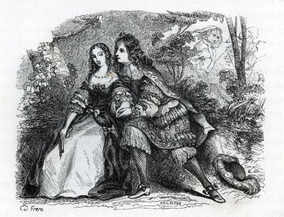 Rey Luis XIV (1638-1715) y su amante Louise de La Valliere (1644-1710) - (grabado) 1846 de French School
