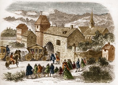 El rey Luis XIV (1638-1715) visitando a Melle de Fontanges (1661-1681) en Port Royal alrededor de 1680. Grabado en “La historia de la prostitución y la depravación entre todos los pueblos del mundo desde la antigüedad hasta el presente” por el Dr. Th. -F.  de French School